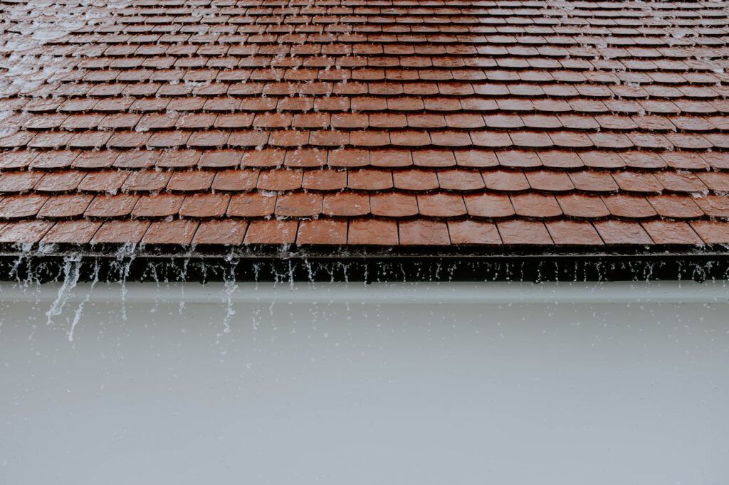 clogged gutter with roof damage